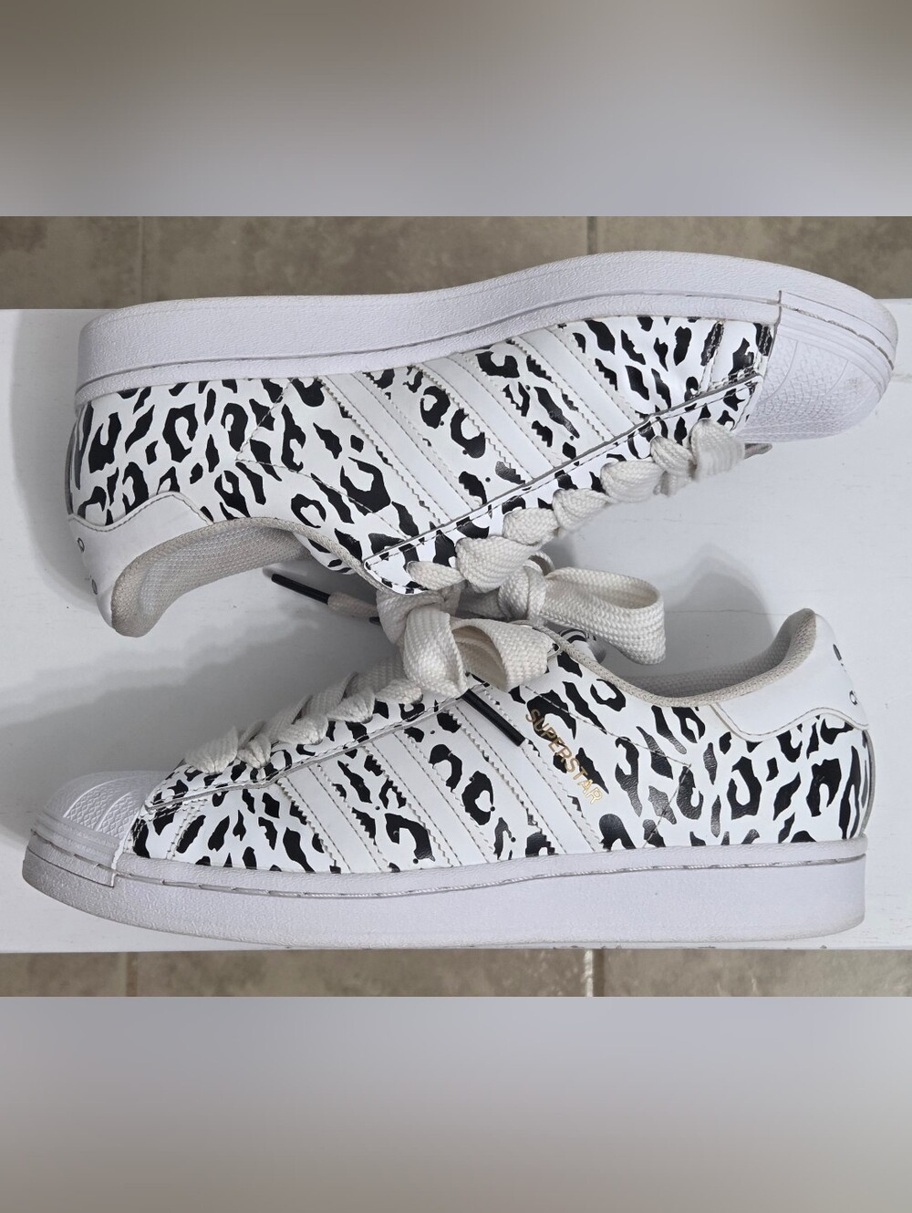 Adidas Women's White & Black Leopard Print Superstar Sneakers Size 8 - Classic